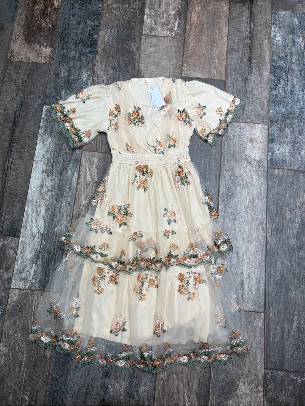 Shop Stevie Cream Floral Lace-Trim Midi Tulle Dress — image 8 of 8